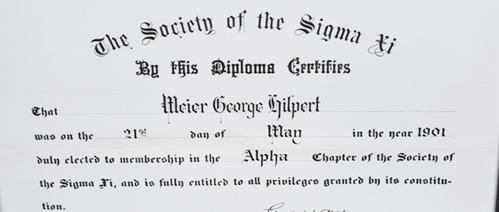 A Sigma Xi membership certificate from 1901 A Sigma Xi membership certificate from 1901